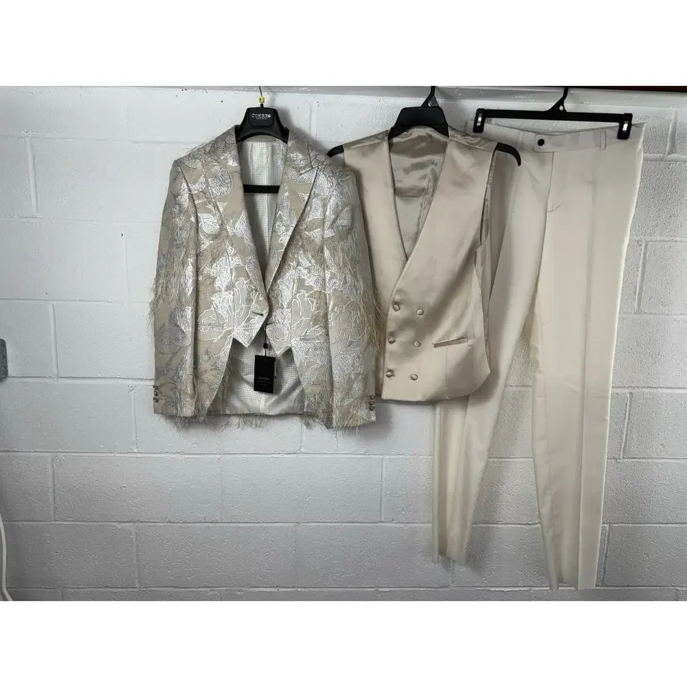 Torres Mens Tuxedo Suit 38 US 48 EU Beige Floral Borcade Tasseled 3pcs Set N11